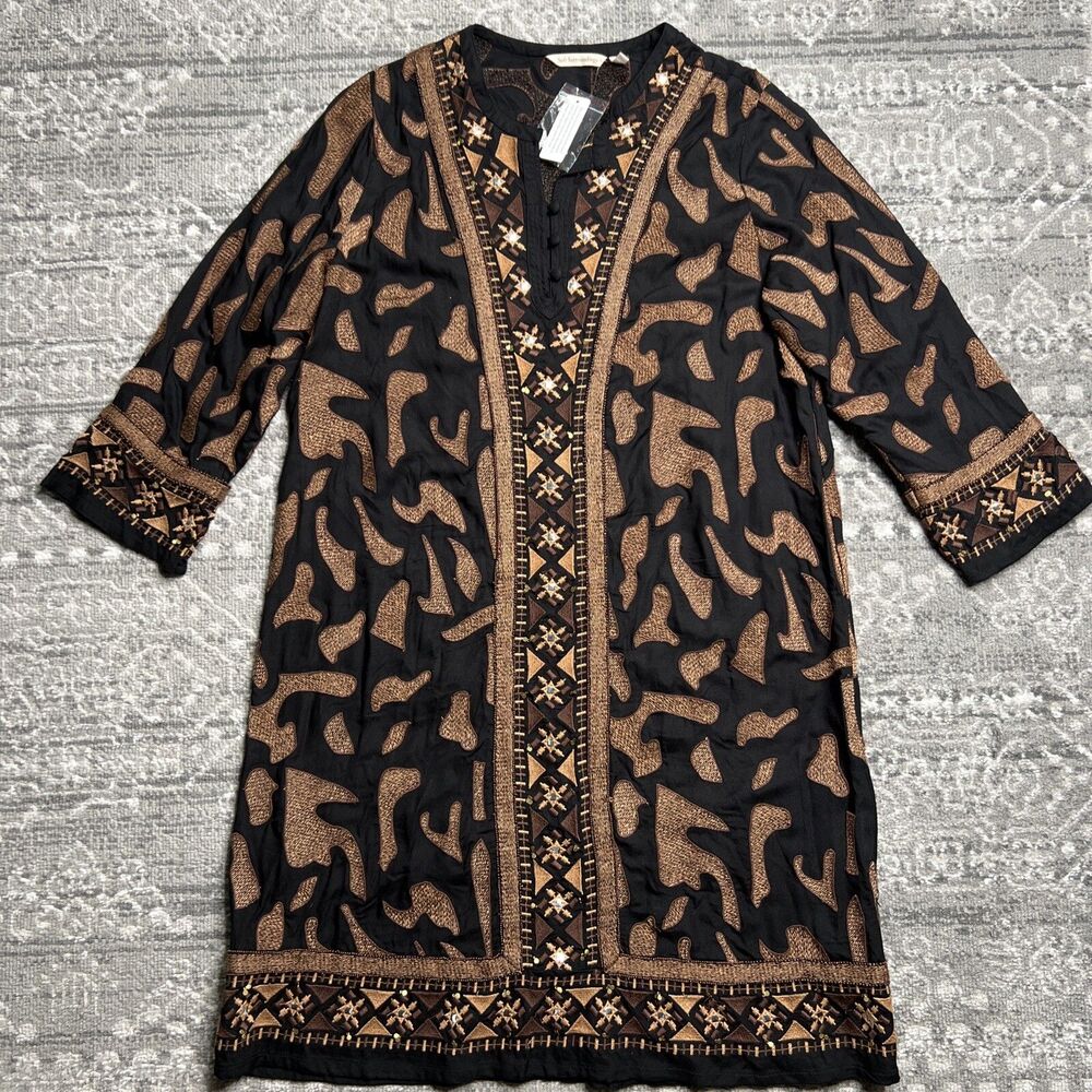 Soft Surroundings NWT Tunic Dress Medium Sequins Embroidery 3/4 Sleeve Anantara